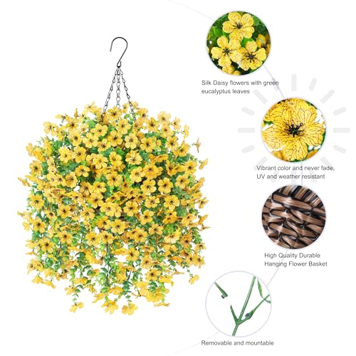 HyeFlora Artificial Hanging Flowers Basket for Outdoor, Fake Flowers Faux Plants Look Real for Yard Gardens Porch Patio Home (Yellow) - color: Yellow