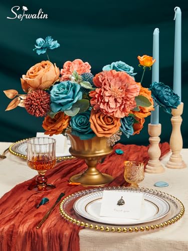 Serwalin Artificial Flowers, Teal Burnt Orange Silk Floral Centerpieces, Fake Flowers Bouquets Box Set for Wedding Bridal Baby Shower Party DIY Craft Home Cake Decoration - color: A Blooming Orange Teal, size: Square