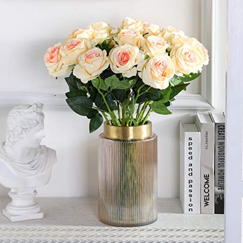 Tifuly Champagne Roses Artificial Flowers - 12 pcs Realistic Single Long Stem Fake Silk Roses Bouquet for Party Home Wedding Centerpiece Office DIY Decor - color: Gradient Champagne