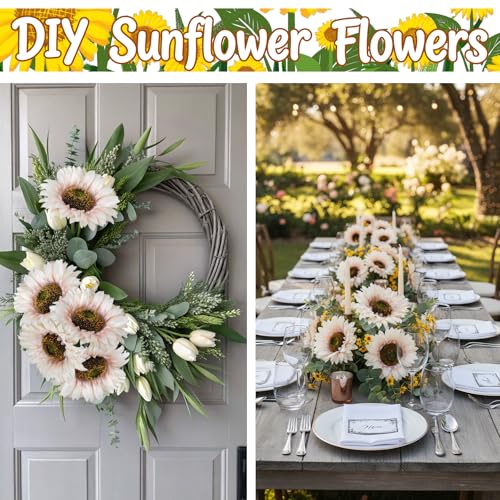 12Pcs 25.6" Artificial Sunflowers Long Stem Artificial Flowers for Tall Vase 5.9" White Fake Sunflowers Bouquet Spring Summer Flower Arrangements for Table Centerpieces Home Wedding Party Decor
