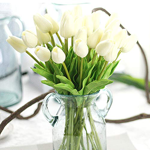 AMZALI Artificial Flowers Real Touch Mini PU Tulips Bouquet Fake Tulips Flowers Arrangement Artificial Plants for Wedding Centerpiece Room Home Hotel Party Event Christmas Decor Cream White Set of 10 - color: Cream White, size: 10PCS
