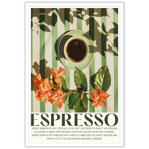 Funny Espresso Coffee Poster Trendy Kitchen Canvas Wall Art Green Coffee Cup On Table Floral Aesthetic Prints Painting For Living Room Kitchen Cafe Bar Wall Decor 12x16in Unframed - color: style 01, size: 12"L x 16"W
