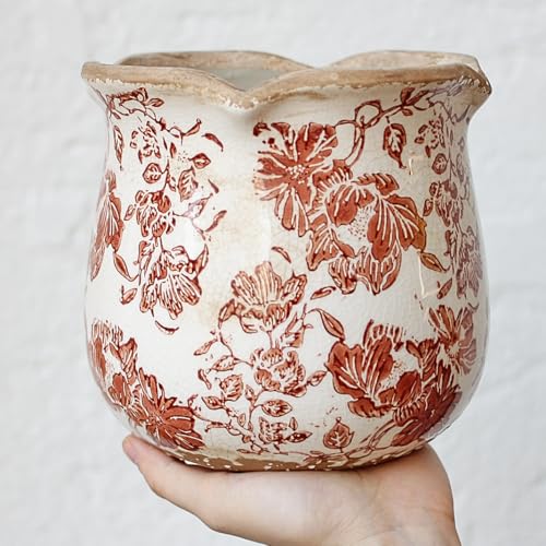 Country Farmhouse Planters for Spring Decor, 6.11 Inch Vintage Distressed Ceramic Plant Pot with Drainage for Indoor Plants, Terracotta Pots & Italian Tuscan Decor, Gardening Gifts (Red Flower) - color: Red Flower
