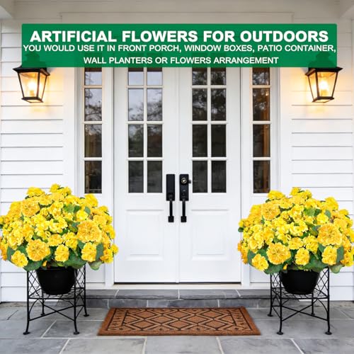 TURNMEON Artificial Geraniums Flowers for Outdoors Summer Decoration, 4 Bundles Fake Flowers Silk Yellow Flowers UV Resistant No Fade Faux Plants for Planter Gardens Table Porch Indoor Cemetery Decor - color: Yellow