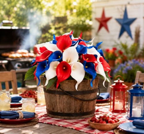 Artificial Calla Lily Flowers, Real Touch Red White and Blue Fake Calla Lilies, Patriotic Floral Centerpieces for 4th of July Decorations, Memorial Day Grave Cemetery Decor (12 Pcs) - color: Independence Day
