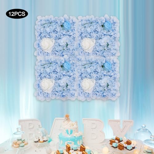 12 Pcs Flower Wall Backdrop,15"x15" 3D Floral Wall Panel,Artificial Silk Flower Wall Background for Wedding Celebrations,Festive Party Backdrops,Home Decor (Blue) - color: Blue