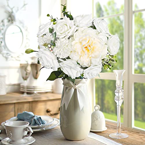 AmyHomie White Artificial Flowers Combo Silk Mix Peony Rose Hydrangea Daisy Fake Flowers w/Stem for DIY Wedding Bouquets Centerpieces Arrangements Table Decor Party Bridal Baby Shower Home Decor - color: Charming White