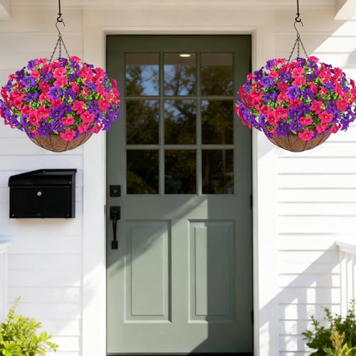 Realistic Artificial Hanging Flowers for Outdoors with Basket, 2 Set Large Size UV Resistant Artificial Outdoor Flowers, Full Faux Outdoor Flowers Fake Hanging Flowers for Porch, Front Door, Garden - color: Purple Red+purple, size: 2 Set