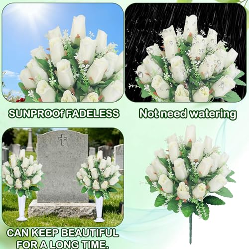 Artificial Cemetery Flowers for Grave,2Pack Memorial Roses Bouquets with Vase for Grave Tombstone Decorations(White) - color: White