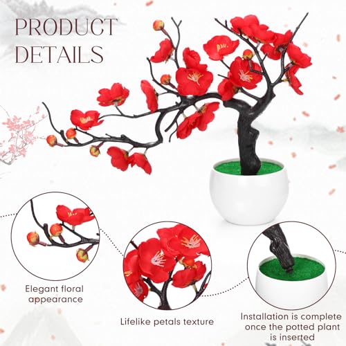 Suncalla 4 Pack Artificial Red Plum Blossom Fake Bonsai, Silk Flower Arrangement with Flower Pot, Cherry Blossoms Decor for Hibachi Party Chinese Japanese Asian Theme Party Supplies (Lateral) - style: Lateral