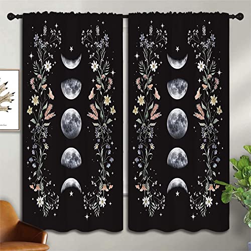 Boho Floral Wildflower Rod Pocket Blackout Curtains for Boy Girl Bedroom,Moon Phase Moonlit Garden Witchy Gothic Aesthetic Energy Efficient Home Window Drapes for Living Room Noise Reducing,55x63in - color: Boho Floral Wildflower-003, size: 55"W x 63"L (P