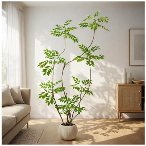 Artificial Sumac Tree：6FT Faux Mahonia Fortunei Tree Realistic Fake Floor Plant Silk Leaves & Elegant Branches in Pot Fake Plant for Minimalist Decor Indoor Home Sala Office Hotel Patio Studio - color: Sumac Tree, size: 6FT