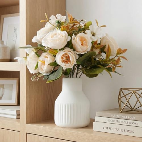 Small 10" Fake Fake Flowers in Vase Silk Roses Artificial Flowers in Ceramic Vase,Faux Flower Plant Arrangement for Home Office Farmhouse Bathroom Dining Table Centerpiece Decorations (White)