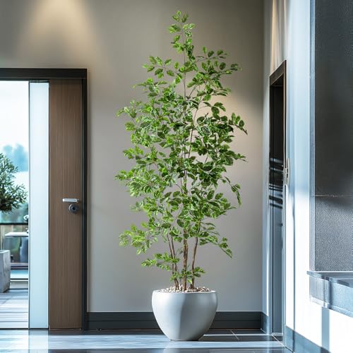 Bailikang Artificial Ficus Tree Indoor 7ft, Large Potted Faux Tree with Realistic Silk Leaves & Trunk for Home Office, Living Room Corner Decor - color: White Green, size: 7ft