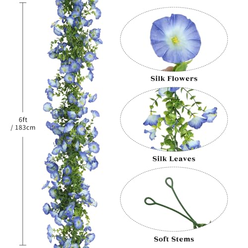 2 Pack Artificial Petunias Flowers Vine Garlands for Outdoor, 6FT Blue Morning Glory Fake Eucalyptus Hanging Flowers Plants for Home Garden Wall Wedding Decor(Blue) - color: Blue