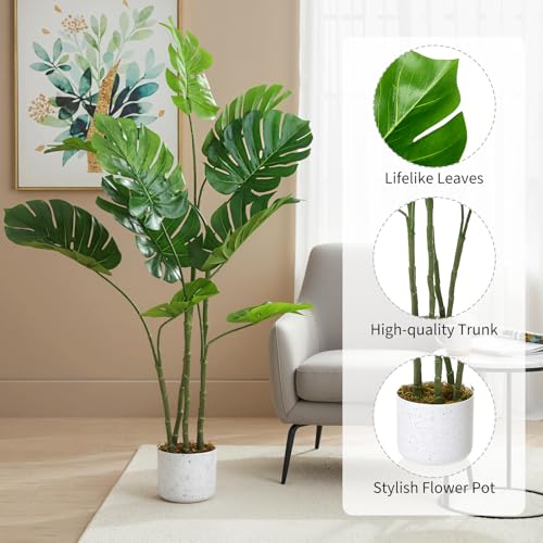 4FT Artificial Monstera Deliciosa Plant in White Planter Pot, Faux Split Leaf Philodendron Tree, Realistic Indoor Outdoor House Plants Swiss Cheese Floor Tree for Living Room Home Office Decor