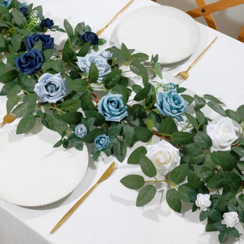 2 Pack 11.2 Ft Artificial Flower Garland with White Roses, Realistic Fake Greenery Vines with 17 Roses Flowers for Wedding Table Centerpieces Arch Party Ceremony Backdrop Decor (Mix Blue) - color: Mix Blue