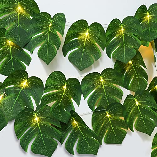 RECUTMS 2 Pack Artificial Tropical Palm Leaves String Lights, Large Size 20 LED Monstera Green Leaf Hanging Vine Greenery,Indoor Hawaiian Luau Jungle Beach Safari Baby Shower Party Spring Summer Decor - color: Monstera Leaf String Lights Large Size 2pcs