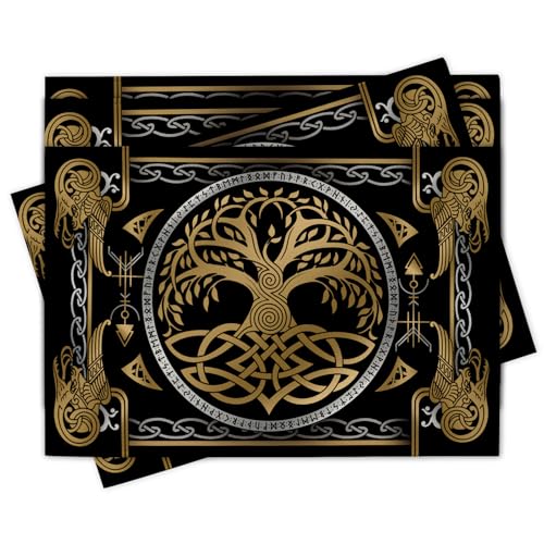 Viking Tree of Life Pagan Placemats Set of 4, Vintage Black Gold Raven Birds Celtic Style Dining Place Mats Table Decor, Retro Nordic Medieval Home Kitchen Decoration 12''x18'' - color: Viking Tree, size: Placemats 12''X18''