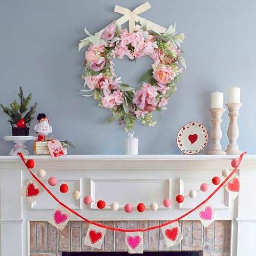 Suncalla 17.7 Inches Heart Shaped Hydrangea Wreath Pink Valentine's Day Floral Wreath with Ribbons Artificial Hydrangea Wreaths for Christmas Party Gifts Front Door Valentine's Day Wedding Decoration - style: Hydrangea