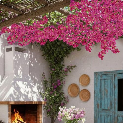 2 Pcs Artificial Bougainvillea Flowers Garland Fake Silk Bougainvilleas Vines Trailing Fuchsia Faux Hanging Flowers Plants Bougainvillea Artificial for Porch Wedding Arch Spring Summer Decor - color: Fuchsia