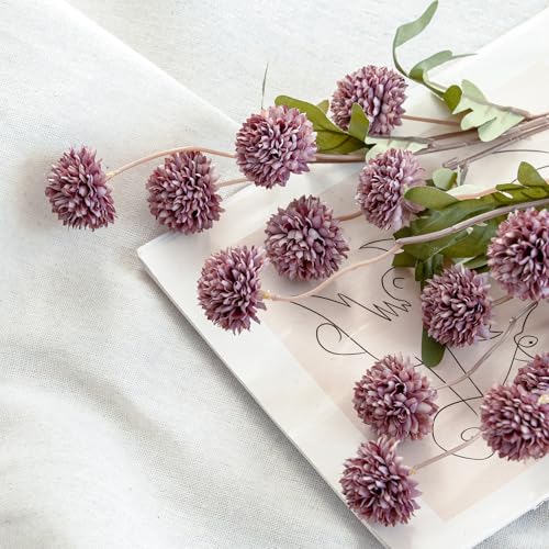 Laelfe Artificial Kiku Flower - 5 Pcs Fake Pompon Mums Silk Small Chrysanthemum Faux Ball Fall Flower Stem Decor for Autumn Wedding Filler DIY Bouquet Centerpieces Arrangements Shower (Grey Purple) - color: Grey Purple