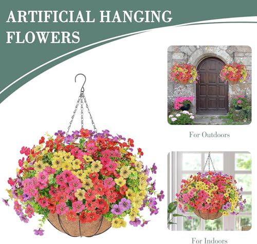 AGIRL 2 Set Artificial Hanging Flowers with Baskets for Outdoors,UV Resistant Fake Hanging Plants for Outdoor Porch Patio Garden, Realistic Silk Flowers for Spring Summer Home Decor - color: Multi Color, size: 2PCS