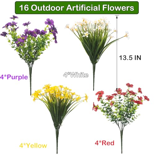 AITISOR Outdoor Artificial Flowers, 16 Bundles UV Resistant Realistic Faux Plastic Plants with Colorful Daisies for Porch, Patio, Yard, Garden, Spring Home Decor (Window Box & Planters)