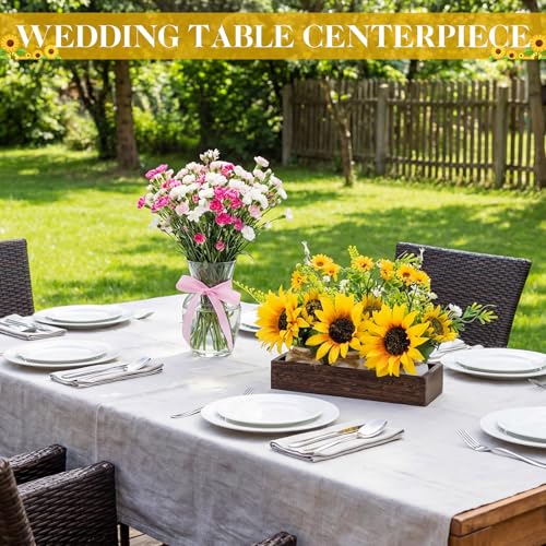 AceOrbit 3 Pcs Artificial Sunflower Potted Plants with Wood Tray Farmhouse Faux Sunflowers for Kitchen Table Centerpieces Fake Yellow Flowers in Rustic Pots for Dining Home Bathroom Wedding (Classic) - style: Classic