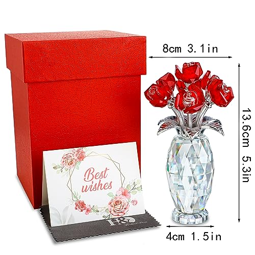 Red Crystal Rose Flower Figurine with Base,Glass Flower Bouquet Gifts for Women Girlfriend Wife,Handmade Crystal Flower Collectible Home Table Decor for Christmas Day Wedding Anniversary - color: Red 2