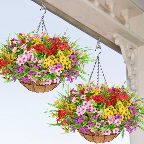 Elyum 2 Pack Artificial Hanging Flowers for Outdoors, UV Resistant Fake Flowers with Hanging Baskets, Artificial Flowers for Decoration Outdoors Garden, Spring Decor for Patio Porch(Mixed Color) - color: Red Pink Yellow Green, size: 2 Pack