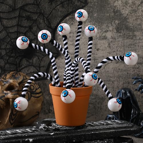 Wavwavw 12 Pcs Halloween Eyeball Picks Halloween Floral Picks 10 Inch Branch Green Decoration Stems Props Decor for Home Office Party Indoor Gifts(Black and White) - color: Black and White