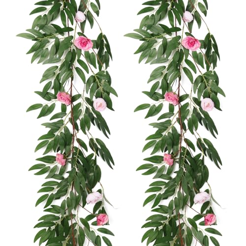 RECUTMS Artificial Hanging Willow Leaves Vine Twigs Whit Roses Flower 2Pc 5.7Ft Faux Ivy Plant Silk Green Leaf Rose Floral Garland Greenery Indoor Outdoor Wedding Jungle Birthday Party Garden Decor - color: Green With Roses