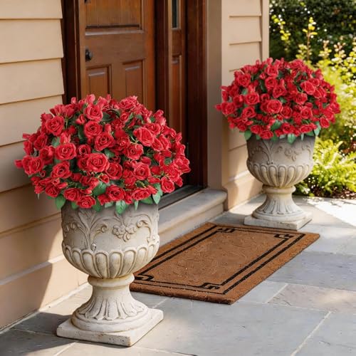 Juxdp 8 Bundles Artificial Roses, Realistic Silk Bouquet Flower(Red) | Fluffy and Vivid, Fade-resistant, Faux Rose Plants, for Front Door/Garden/Farmhouse/Home/Outdoor/Spring/Summer Decor - color: Red
