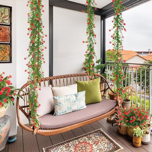 RECUTMS 3 Pack Artificial Spring Eucalyptus Garland Faux Hanging Eucalyptus Plants with Flowers Spring Fake Greenery Vines Garland for Spring Thanksgiving Home Wedding Mantle Wall Decor(Red) - color: Red