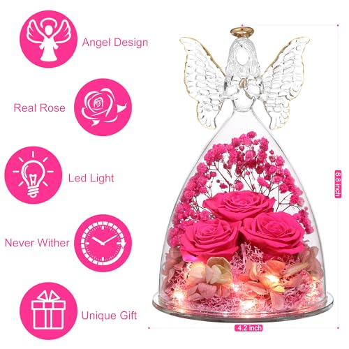 Mothers Day Rose Gifts for Women Preserved Real Flower in Glass Angel Figurines Roses for Delivery Prime Birthday Gifts for Mom Grandma Girlfriend Wife Her - Hot Pink - color: Hot Pink