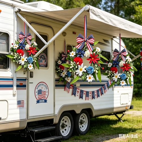 6 Pcs Small 4th of July Hanging Wreaths for Cabinets with Red Carnations Daisy Blooms Artificial Mini Independence Day Candle Ring Wreath with White Chrysanthemums for Front Door Window Porch Wall - color: Patriotic-10