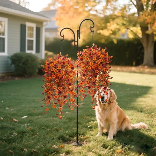 Homsunny Fall Artificial Fake Mums Hanging Flowers Plants Basket for Outdoor Decoration,Faux Silk Daisy planters UV Resistant Look Real for Home Porch Patio Balcony Yard Autumn Decor (Orange Brown) - color: Orange Brown