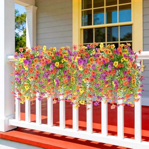ZFProcess Artificial Flowers for Outdoors Spring Decoration, 2PCS Silk Fake Daisy Realistic Fake Outdoor Flowers UV Resistant Porch Patio Window Yard Decor - color: Purple+red+orange+yellow