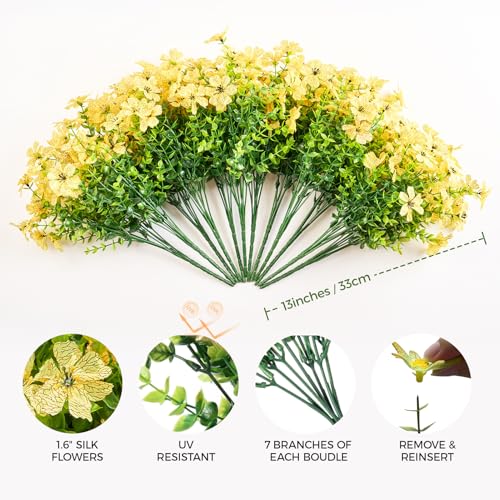 PONKING Artificial Flowers for Outdoors Patio Decoration 12 Bundles Fake Flower Cherry Blossom UV Resistant Faux Plants Yard Garden Porch Home Boxwood Planter Patio Decor, Yellow Flower - color: D Yellow Cherry Blossom 12pcs