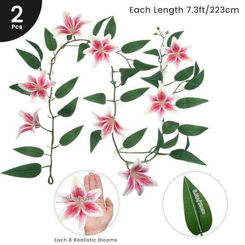 SNAIL GARDEN 2 Pack（14.6ft ） Fake Lilies Flower Vines, Pink Vines Lilies Flowers with 16 Heads, Flower Vines for Decoration ，Fake Flower Vines for Home, Garden, Table Centerpiece, DIY Wreath