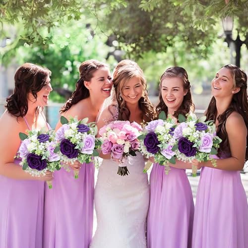 Wedding Bridesmaids Bouquet Set of 2 - Artificial Flowers Bouquets for Bridesmaid Pre-Made 7 Inch Faux Small Floral Bouquets Bridal Shower, Wedding, Ceremony, Anniversary - Purple - color: Purple, size: 2pcs