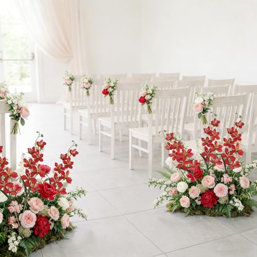 8PCS Orchids Artificial Flowers 27.5" Long Stem Silk Orchid Flowers Faux Orchids Stems Plant for Tall Vase Home Garden Indoor Outdoor Wedding Baby Shower Party Table Floor Centerpiece Decor (Red)