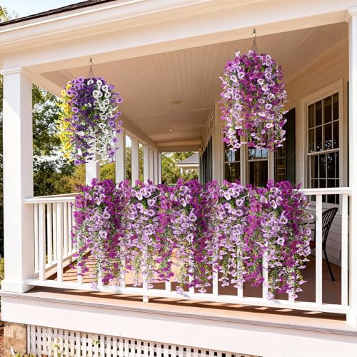 Fake Artificial Flowers for Outdoors, 4 Pcs Faux Hanging Pansy Flowers Spring Summer Decor, UV Resistant Fake Plants Silk Flower for Planter Front Door Porch Patio Yard Garden(Gradient Purple Red) - color: Gradient Purple Red