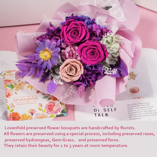 lovenfold Preserved Flowers for Delivery, Purple Rose Bouquets That Last 1-3 Years, Birthday Flowers Gifts for Women Mom Grandma Wife Friends - color: violet