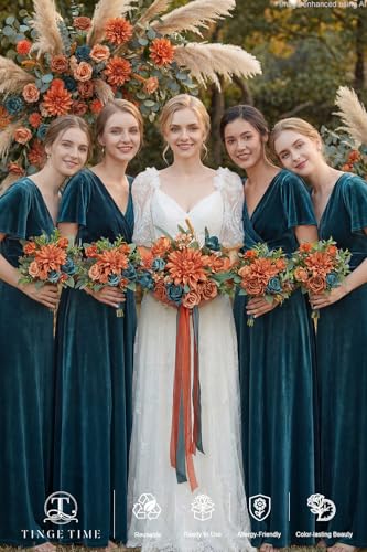 TINGE TIME Artificial 9 Inch Bridal Bouquet, Burnt Orange & Dark Teal Flower Bouquet with Roses for Bride, Bridal Tossing Bouquet for Fall Wedding Ceremony Bridal Showers Wedding Decoration - color: Burnt Orange & Dark Teal