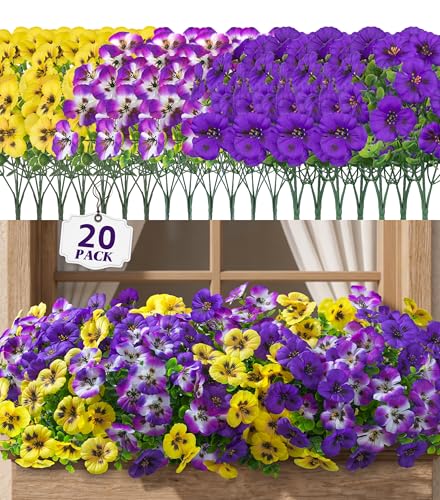 Ivydale 20PCS Artificial Fake Pansy Flowers for Outdoors Spring Summer Decor,Faux Silk Pansies UV Resistant Plants for Front Door Porch Yard Patio Window Box Home Decor(Purple Yellow Gradient Purple) - color: Purple Yellow Gradient Purple