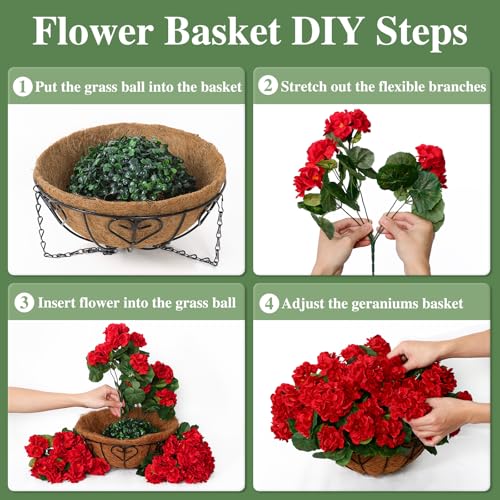 KHOYIME Artificial Hanging Flowers Plants Basket for Outdoors Indoor 2 Set Faux Silk Red Geraniums Fake Planters Realistic UV Resistant Spring Summer Home Outside Garden Porch Patio Balcony Yard Decor