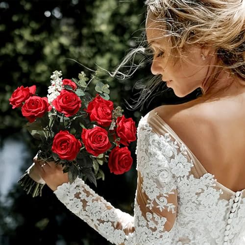 Hawesome 12PCS Artificial Silk Flowers Realistic Roses Bouquet Long Stem for Home Wedding Decoration Party (12pcs-red 1) - color: Red, size: 12Pcs Flowers