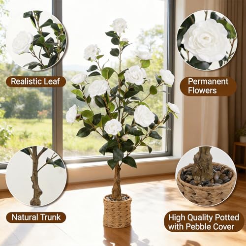Artificial Camellia Tree 2 Pack, 3Ft Faux White Camellia Plant in Pot, Fake Outdoor Tree Camellia Flower Tree for Home Office Living Room Floor Indoor Decor - color: White